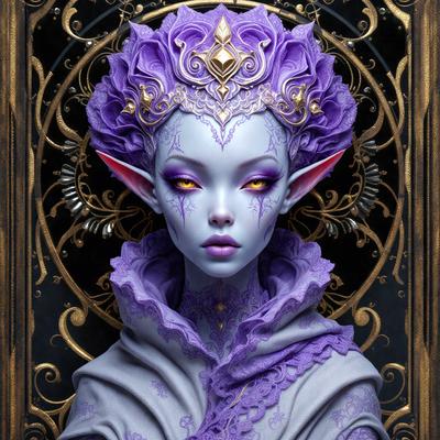 The primary subject of the image is a purple-haired, blue-eyed elf with a purple dress. The setting is a dark, ornate room with a gold frame. The visual style is digital art, and the colors and mood are dark and mysterious.